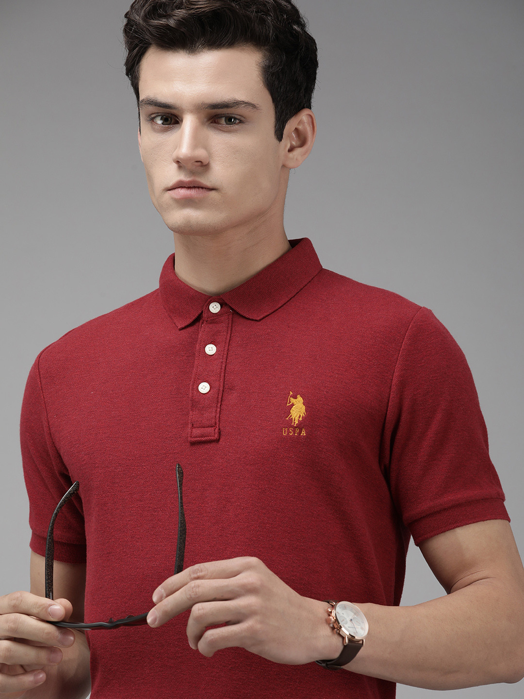 U.S. Polo Assn. Men Maroon Polo Collar Organic Cotton Slim Fit T-shirt