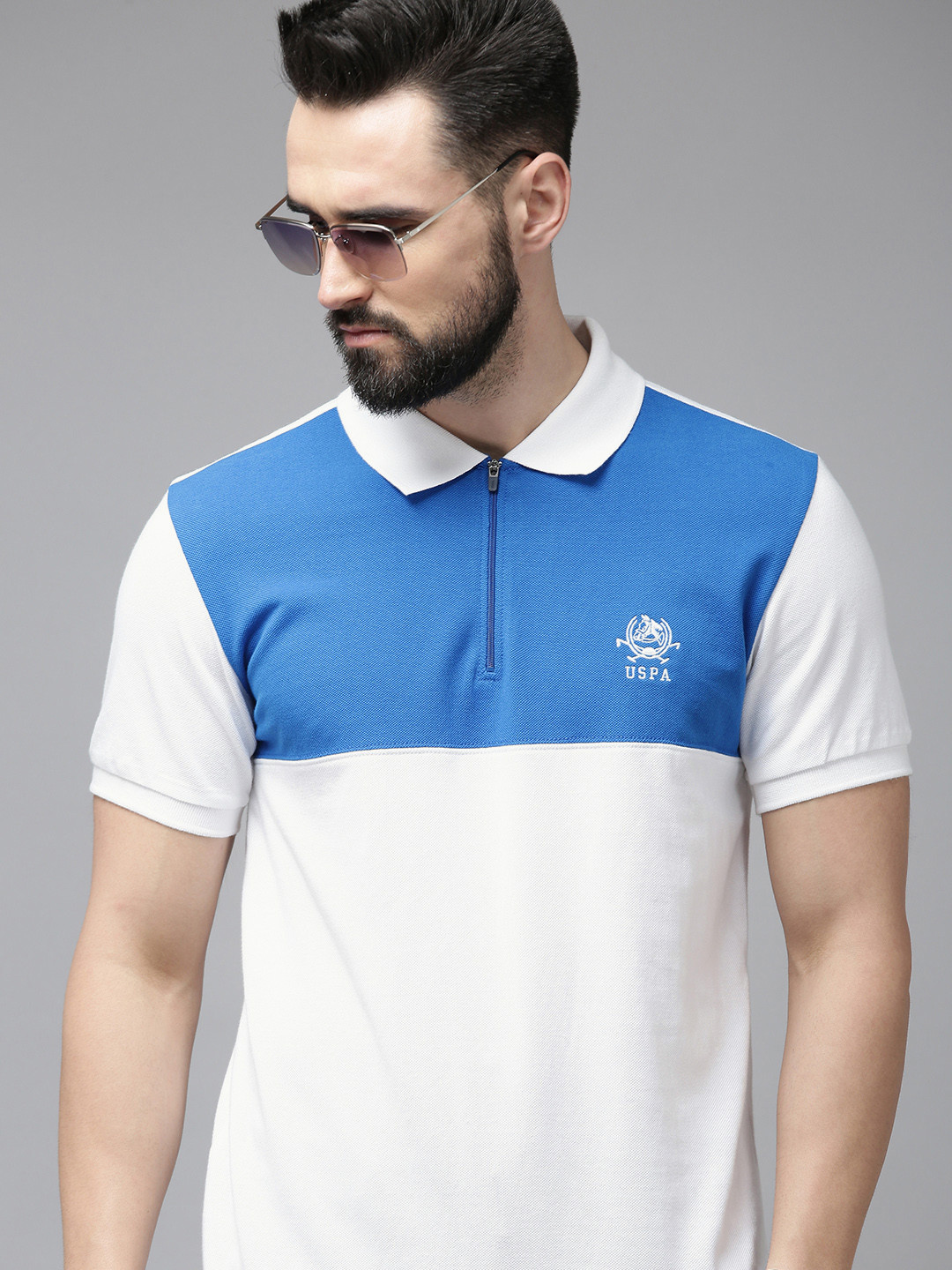 U S Polo Assn Men White Polo Collar Slim Fit Pure Cotton T-shirt