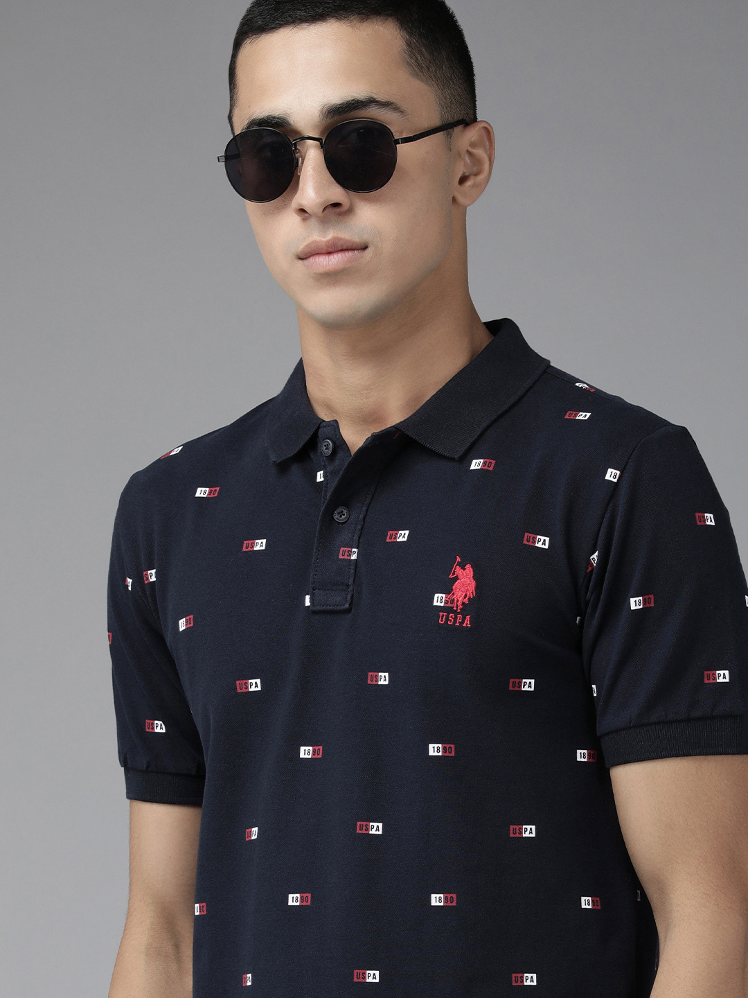U S Polo Assn Men Navy Blue Brand Logo Printed Polo Collar Slim Fit T-shirt