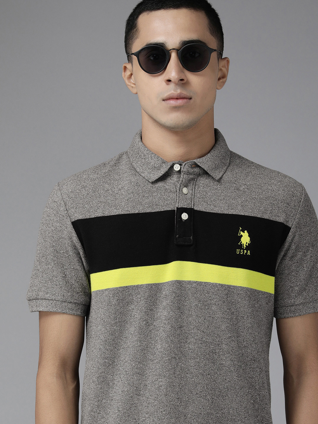 U S Polo Assn Men Grey Melange & Black Colourblocked Polo Collar Pure Cotton Slim Fit T-shirt