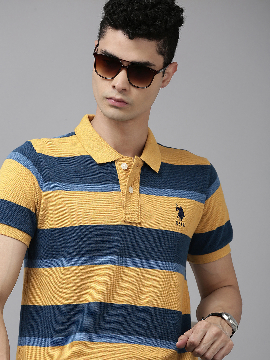 U S Polo Assn Men Mustard Yellow Striped Polo Collar Slim Fit T-shirt