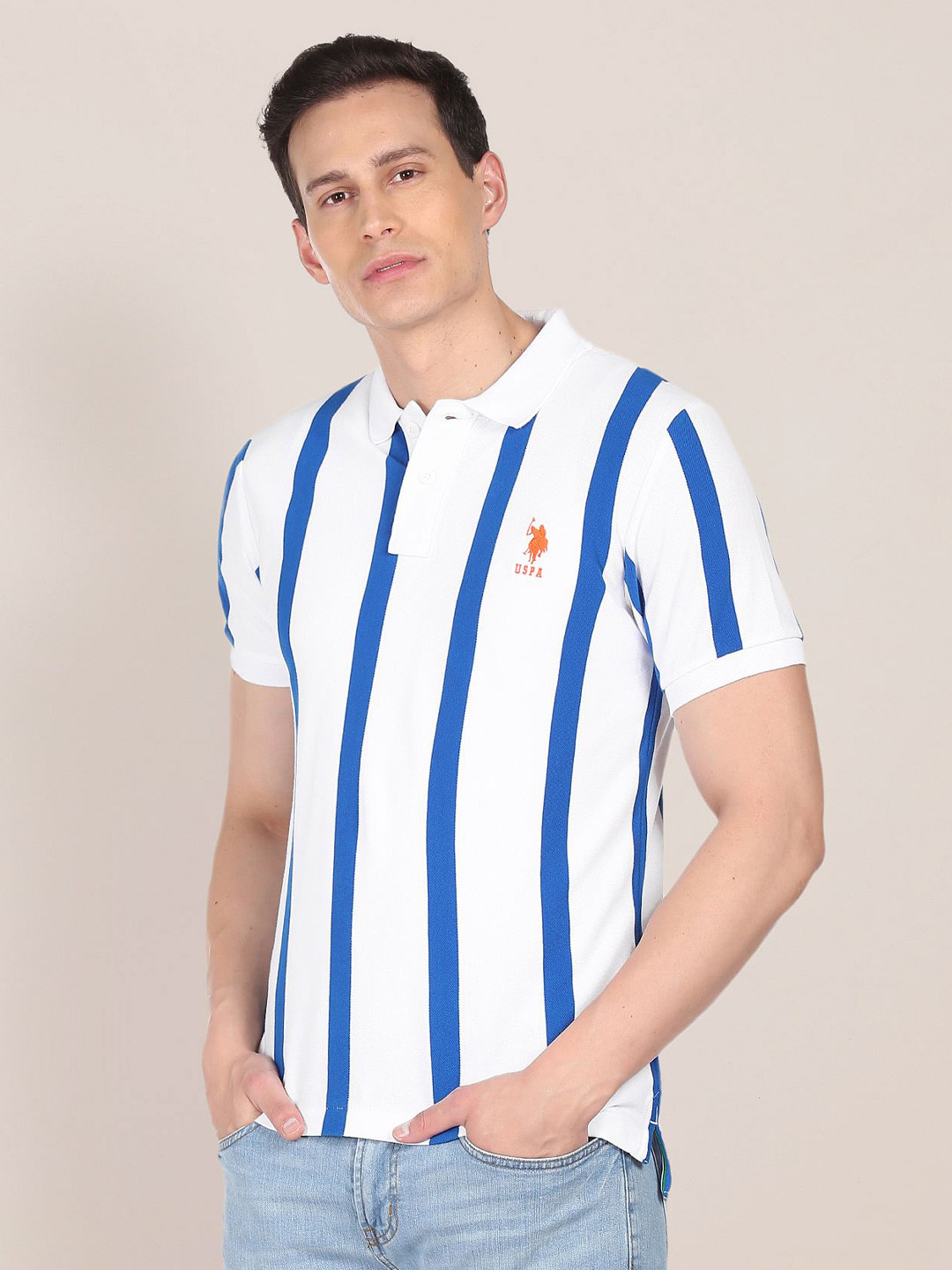 U S Polo Assn Men Blue & White Striped Polo Collar Pure Cotton Slim Fit T-shirt