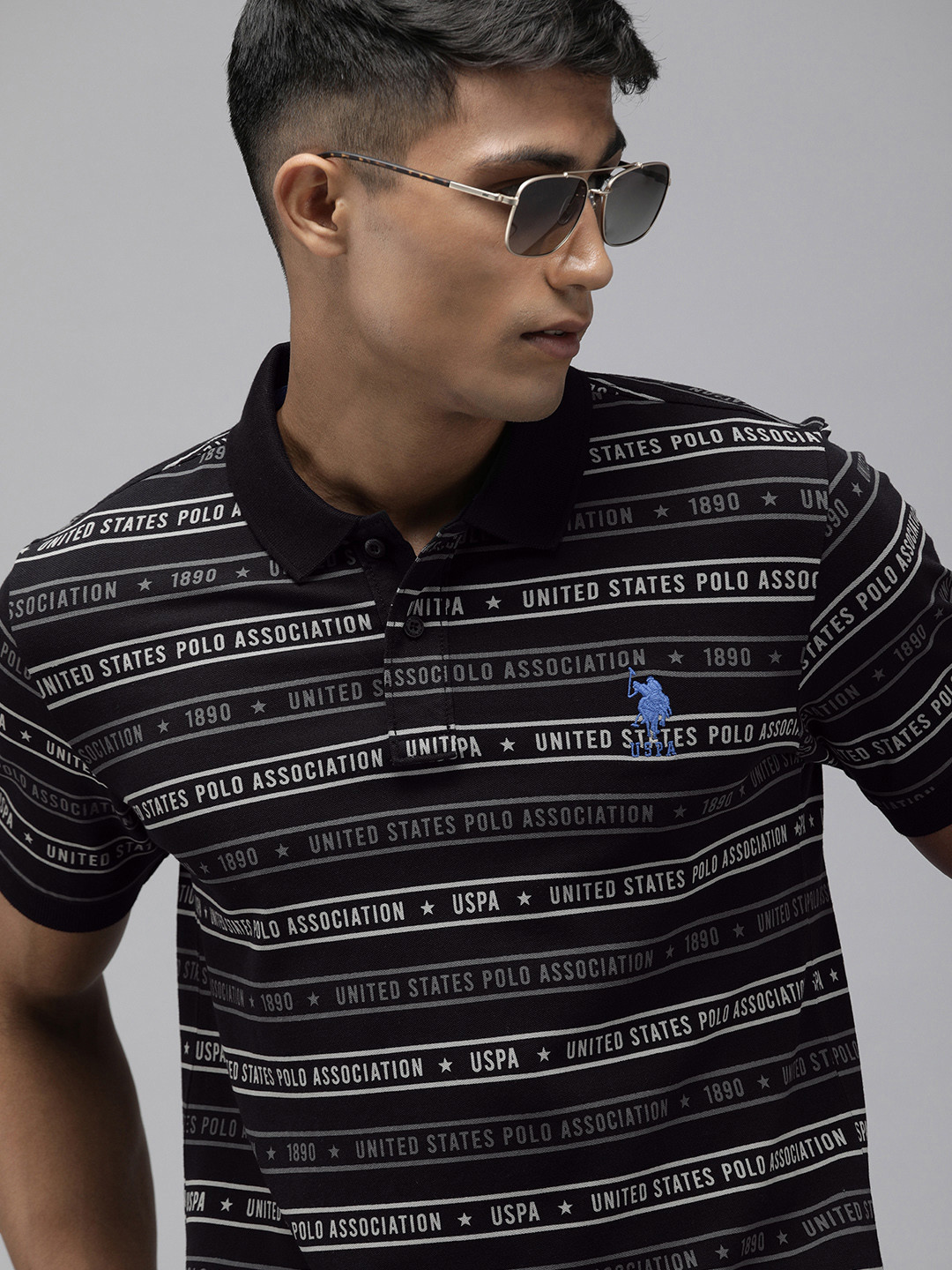 U S Polo Assn Men Black & White Brand Logo Printed Pure Cotton Polo Collar T-shirt
