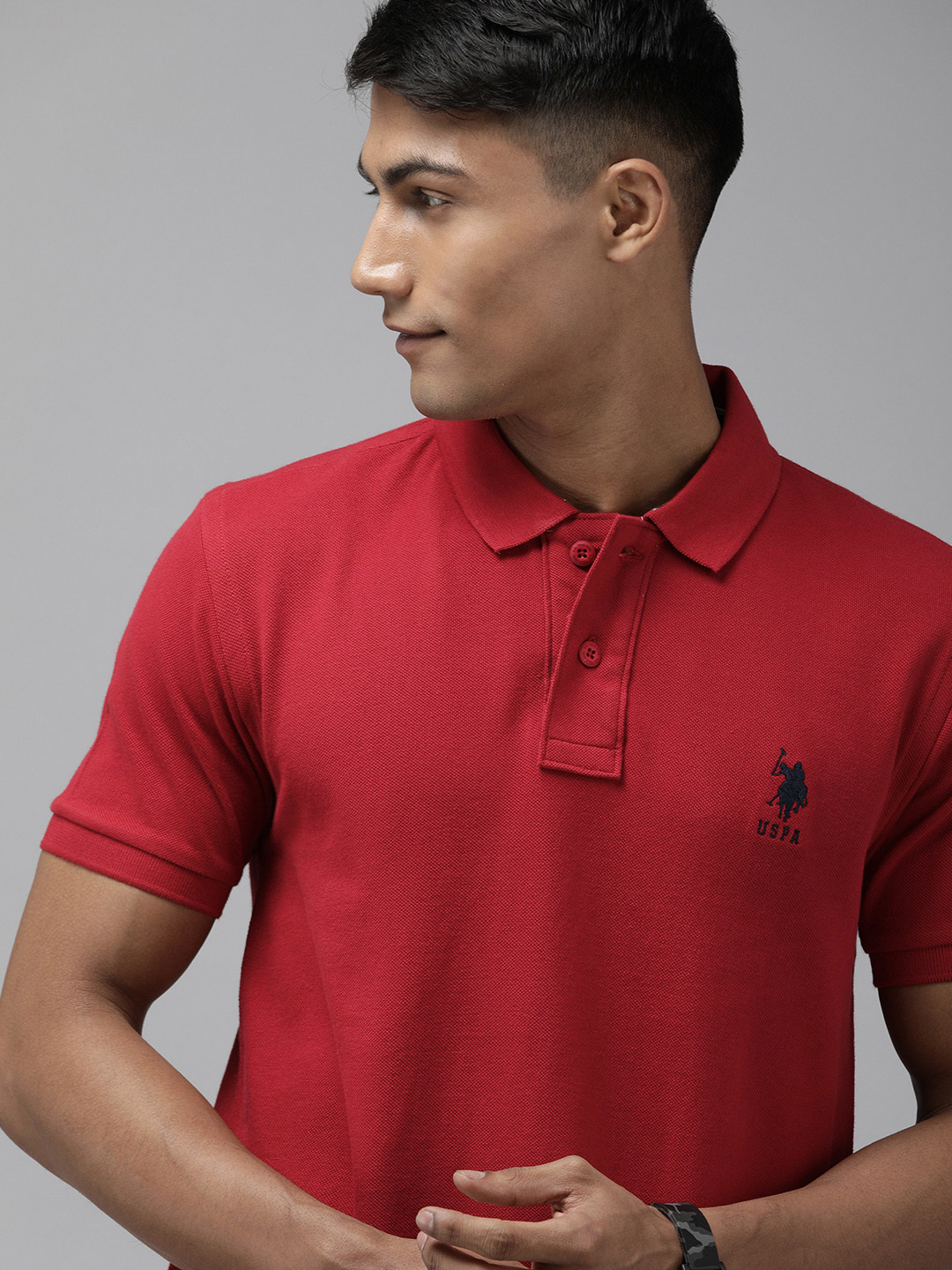 U S Polo Assn Men Maroon Embroidered Polo Collar Pure Cotton Slim Fit T-shirt