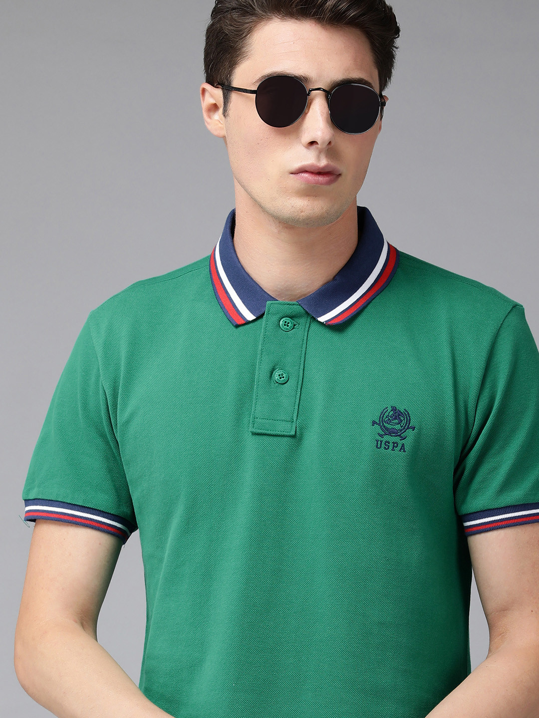 U S Polo Assn Men Sea Green Brand Logo Embroidered Pure Cotton Slim Fit Polo T-shirt