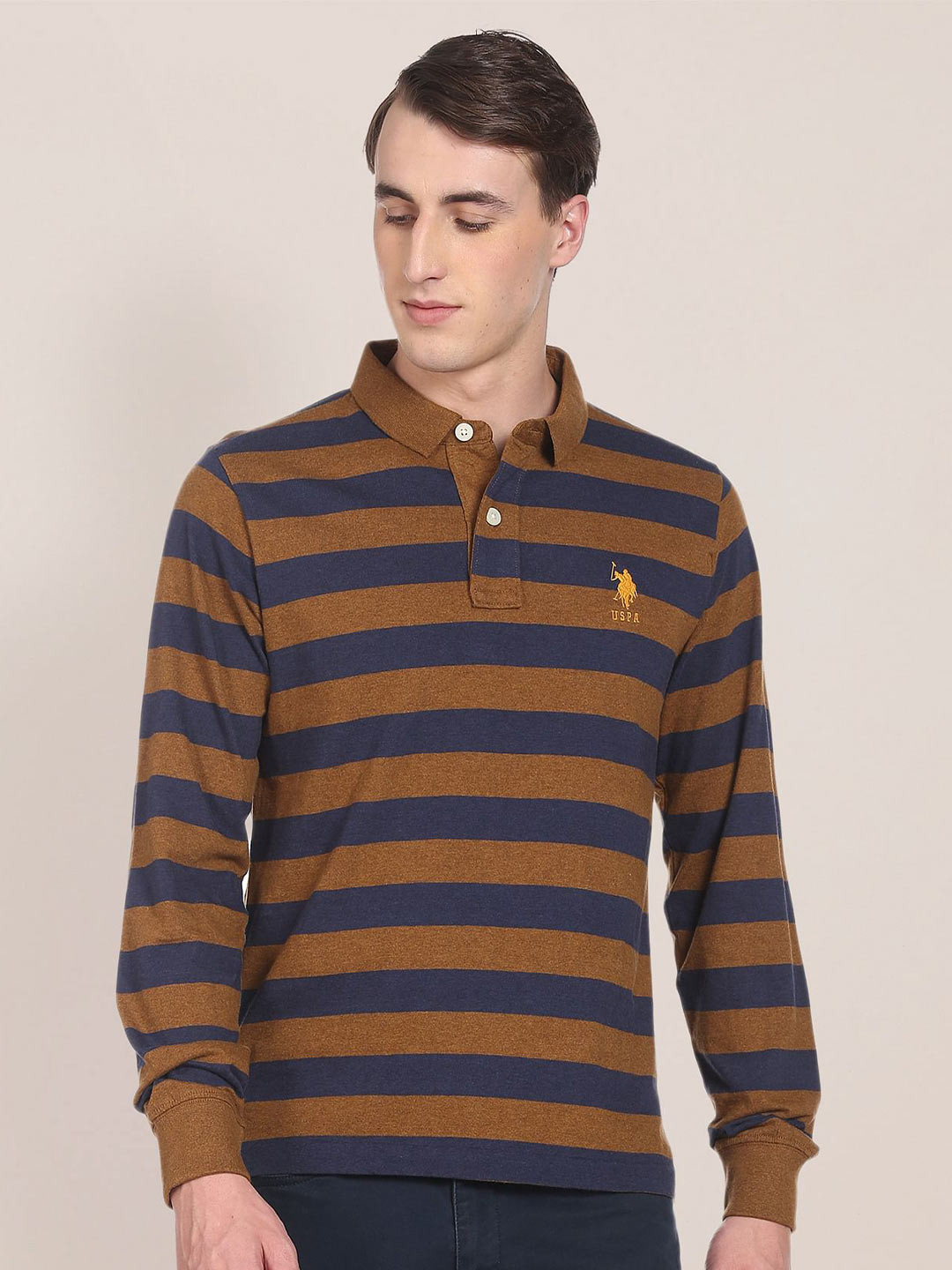 U S Polo Assn Men Brown & Navy Blue Striped Polo Collar Slim Fit T-shirt