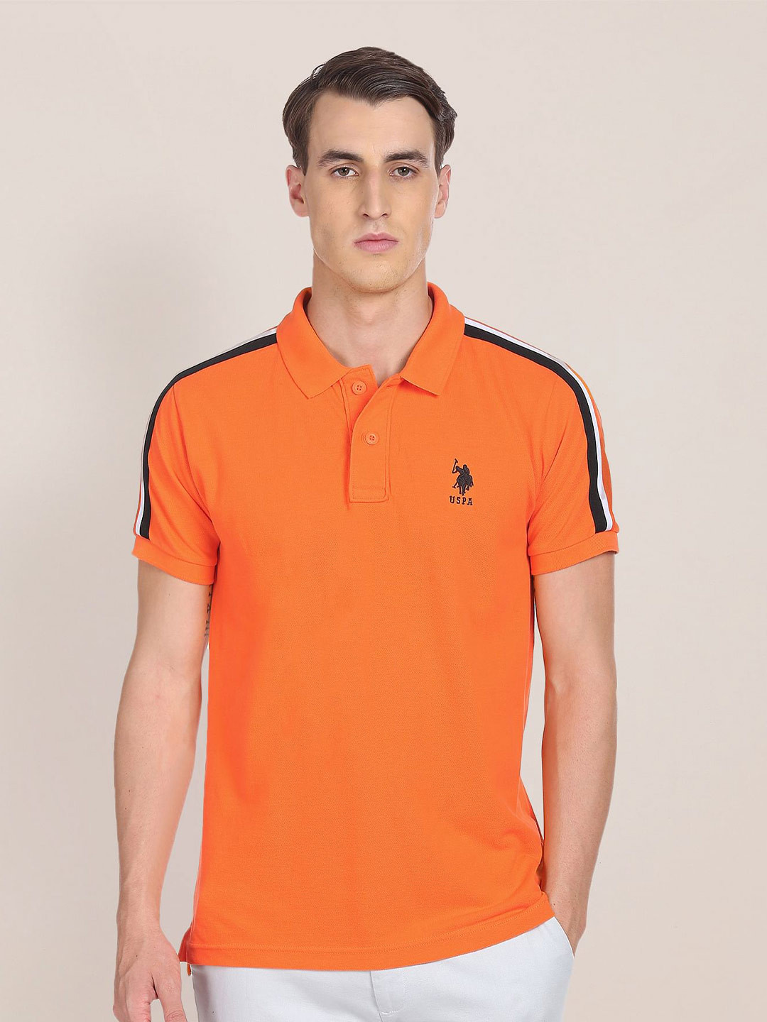 U S Polo Assn Men Mustard Yellow Polo Collar Pure Cotton Slim Fit T-shirt