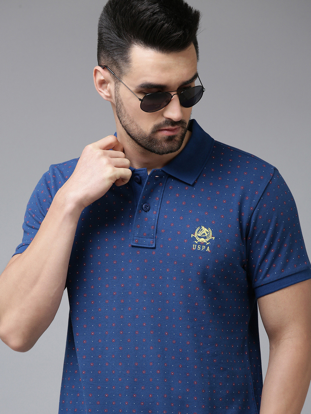 U S Polo Assn Men Navy Blue Floral Printed Polo Collar Pure Cotton Slim Fit T-shirt