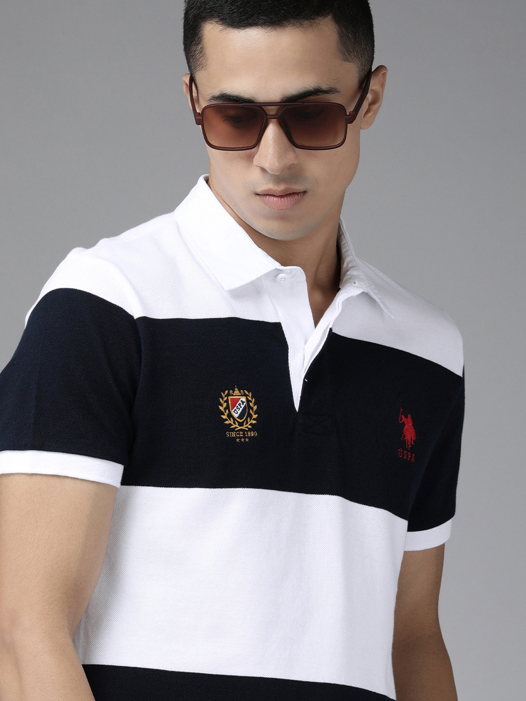 U S Polo Assn Men White & Navy Blue Colourblocked Polo Collar Pure Cotton Slim Fit T-shirt