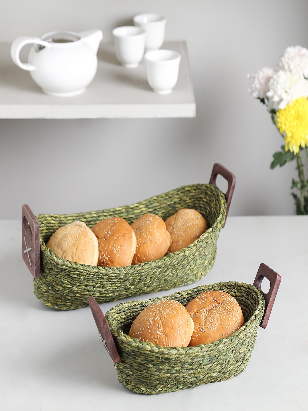 Unravel India Set of 2 Green Handmade Sabai Grass Bread Baskets