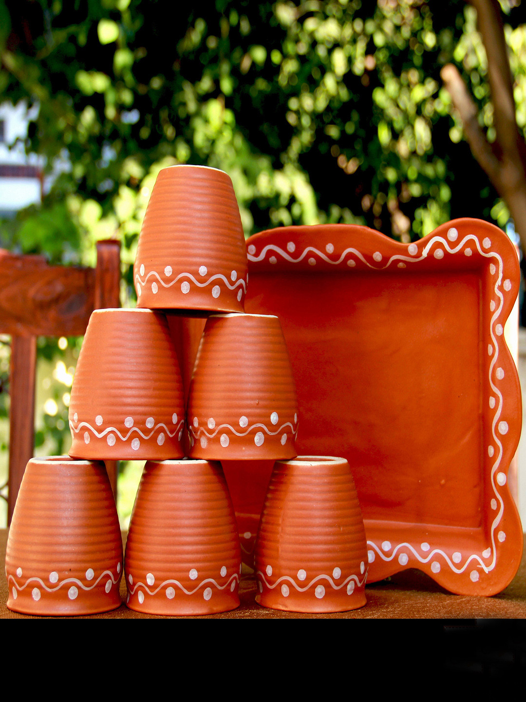 Unravel India Gold Brown Ethnic Motifs Ceramic Handmade 6 Piece Kulladh with Tray-110ml