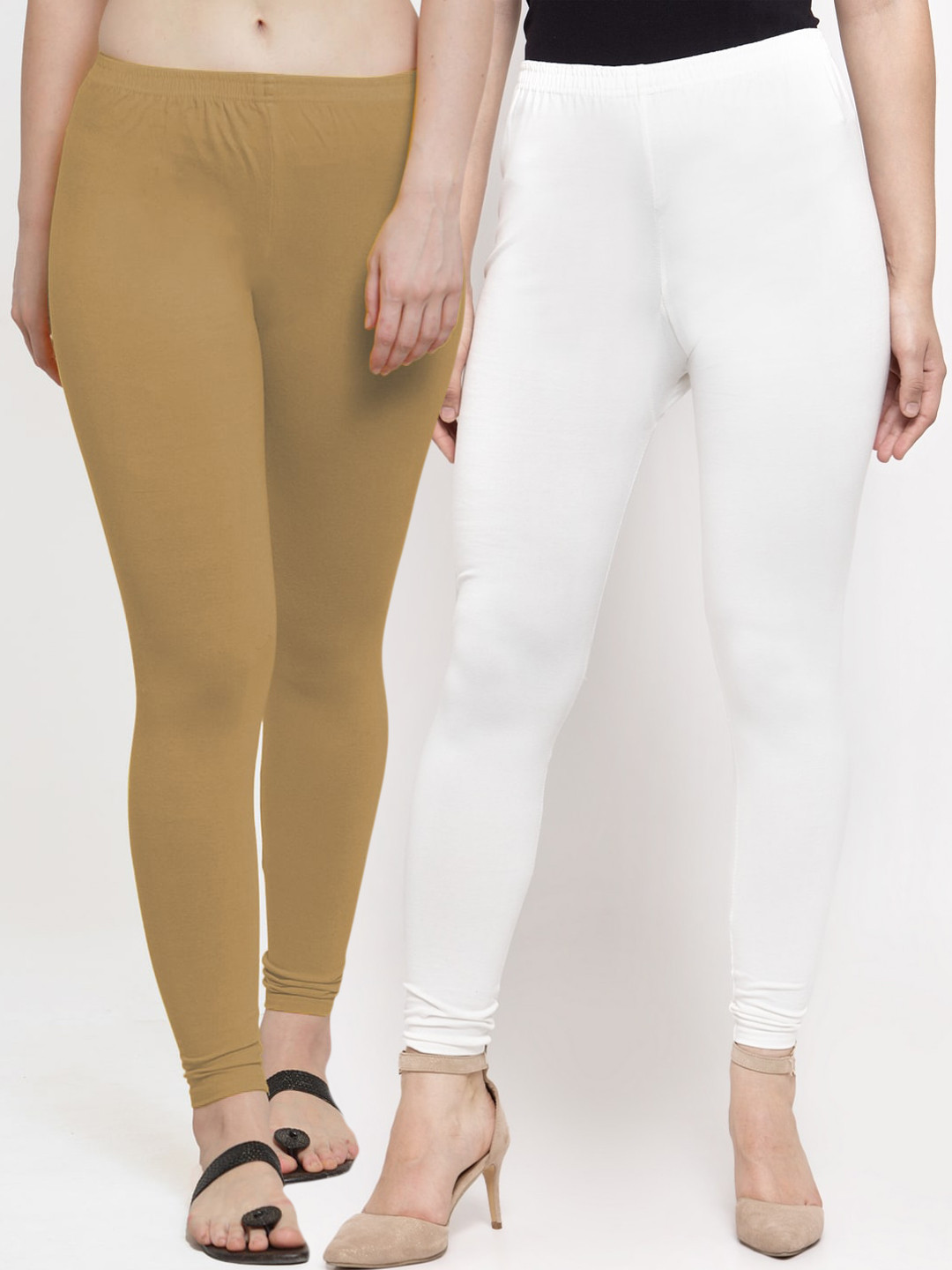 Jinfo Women White & Khaki Pack Of 2 Solid Ankle-Length Leggings