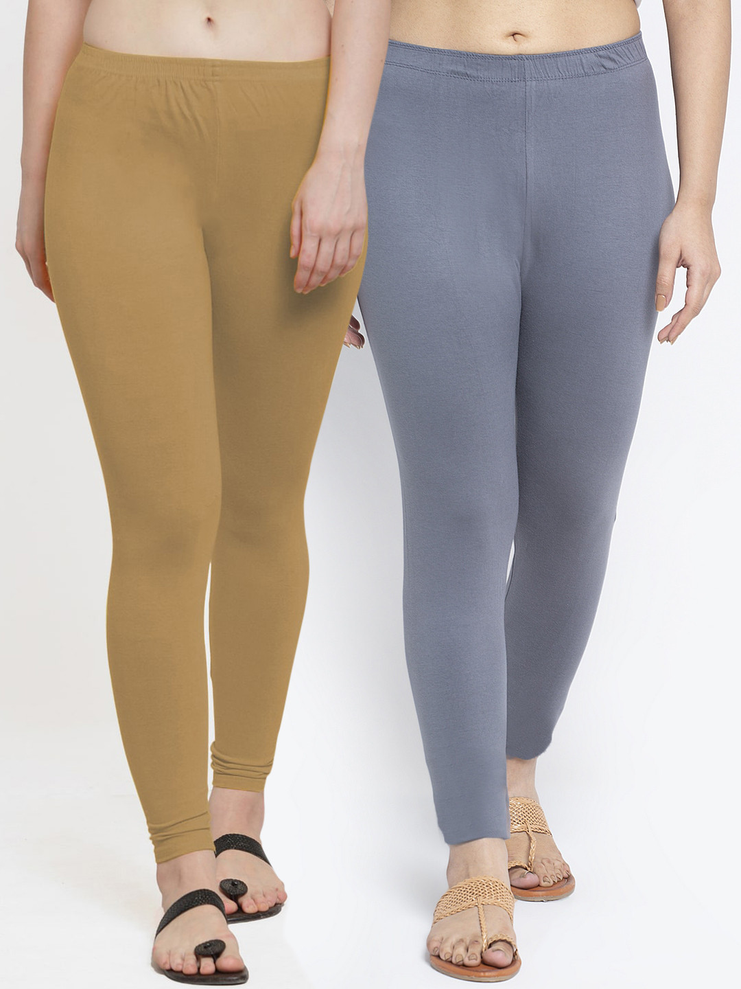 Jinfo Women Grey & Khaki Pack Of 2 Solid Ankle-Length Leggings