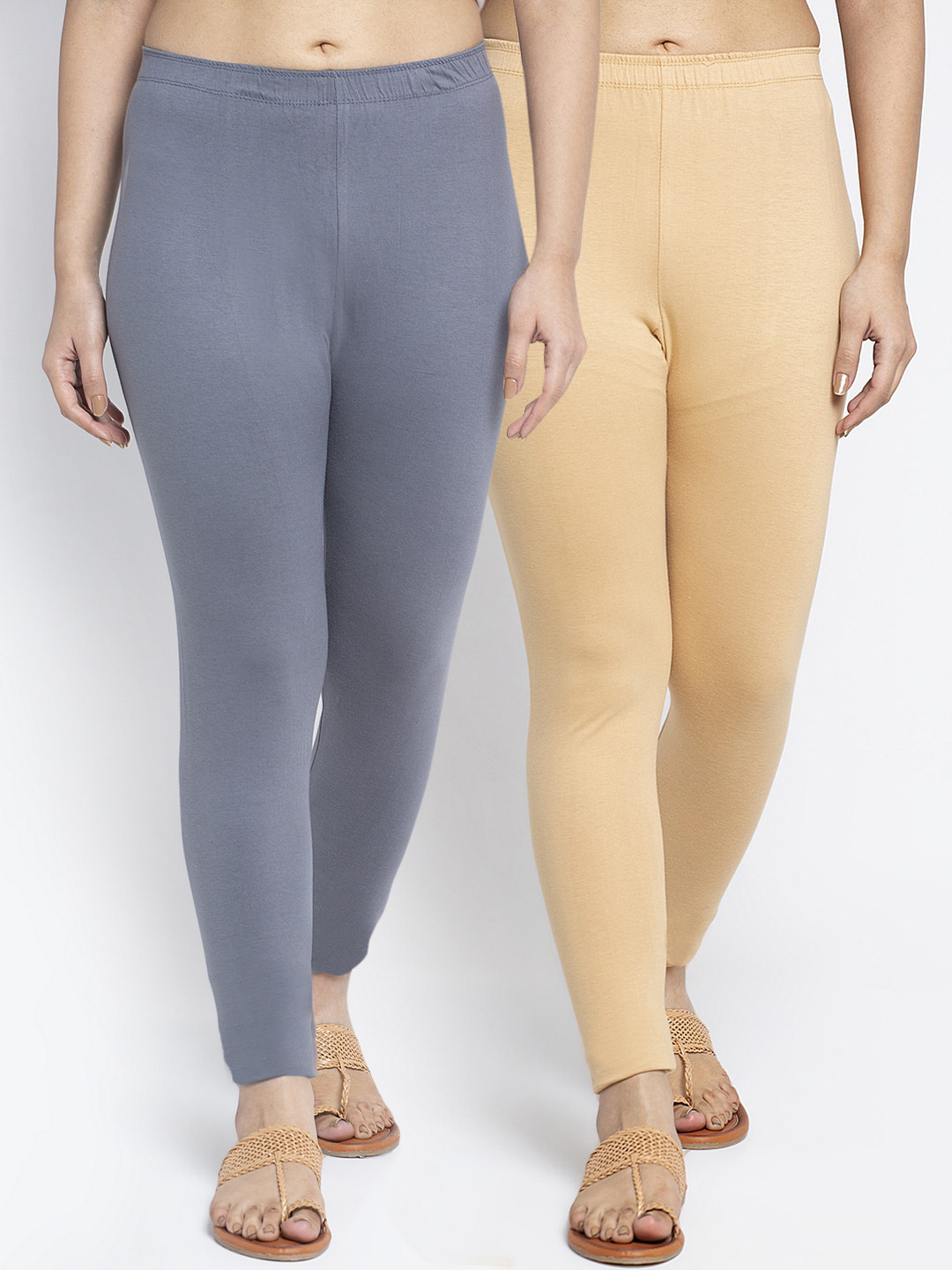 Jinfo Women Pack Of 2 Grey & Beige Colored Solid Ankle Length Leggings