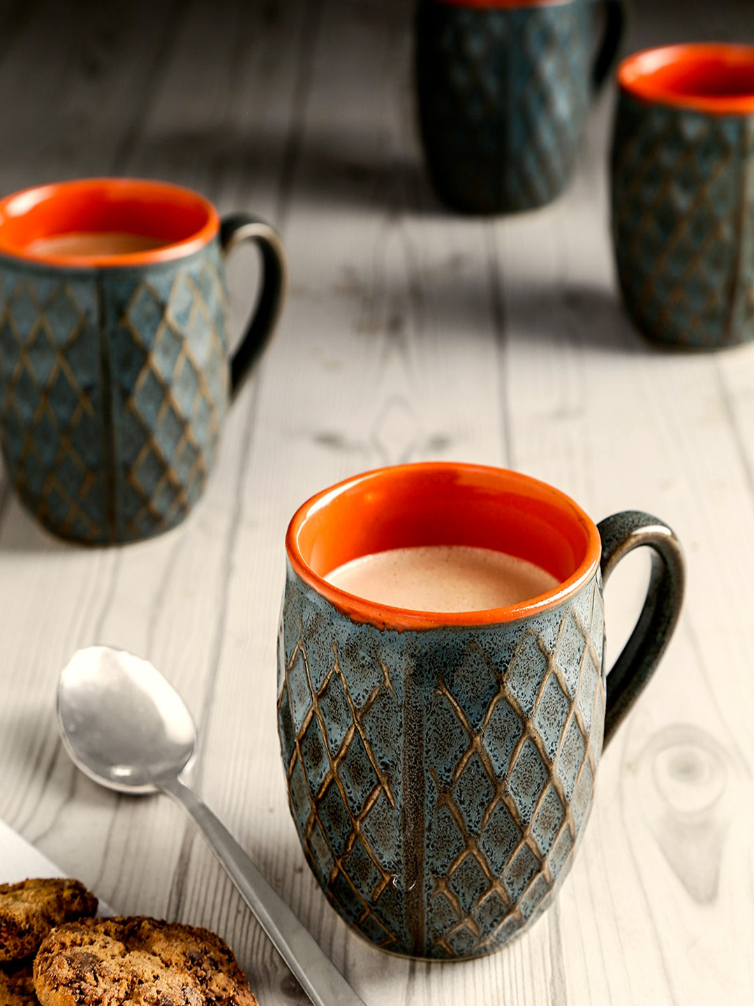 Unravel India Grey Textured Stoneware Handmade 6 Piece Cups-150ml