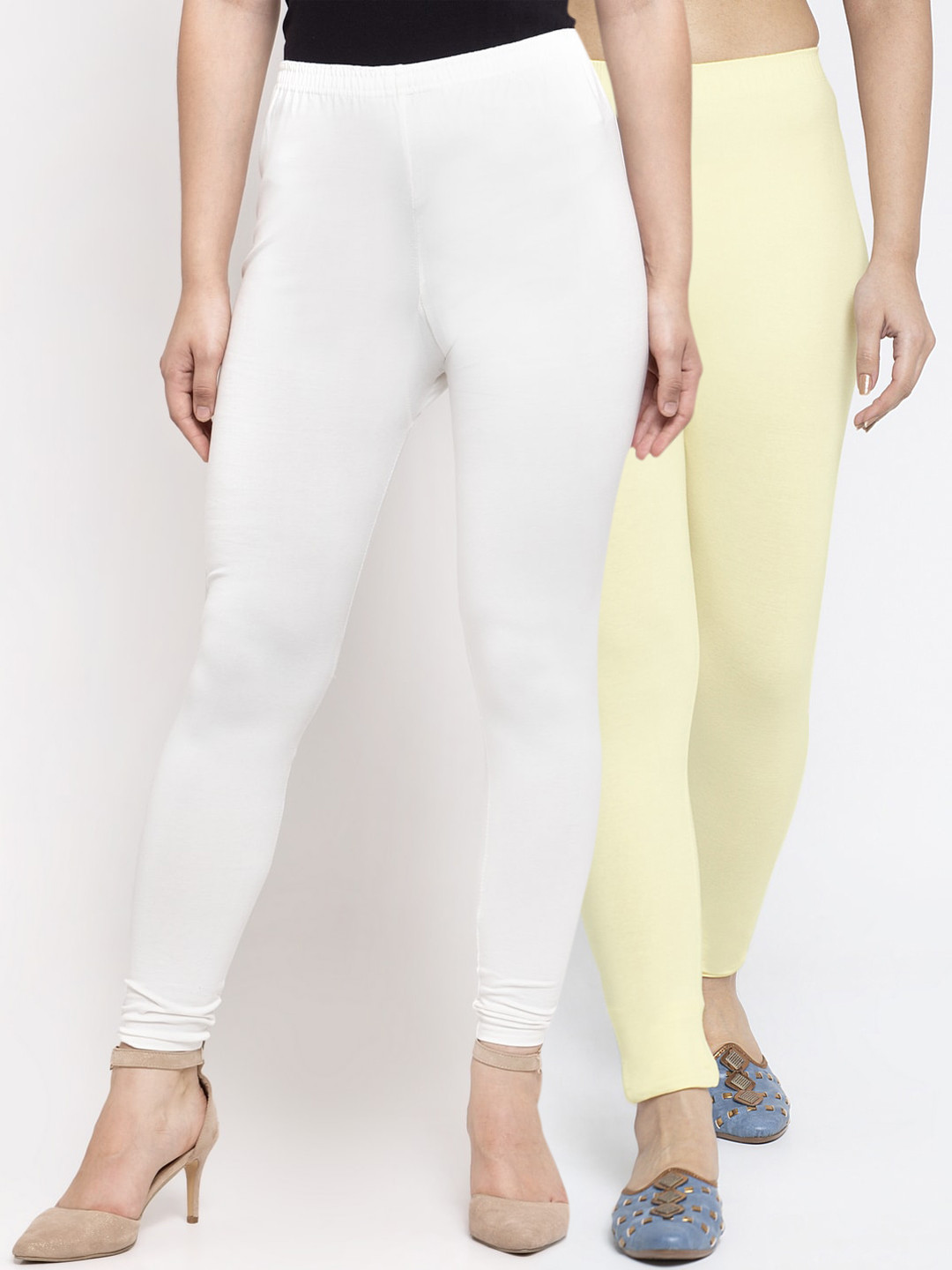 Jinfo Women White & Cream Pack Of 2 Solid Pure Cotton Ankle Length Leggings