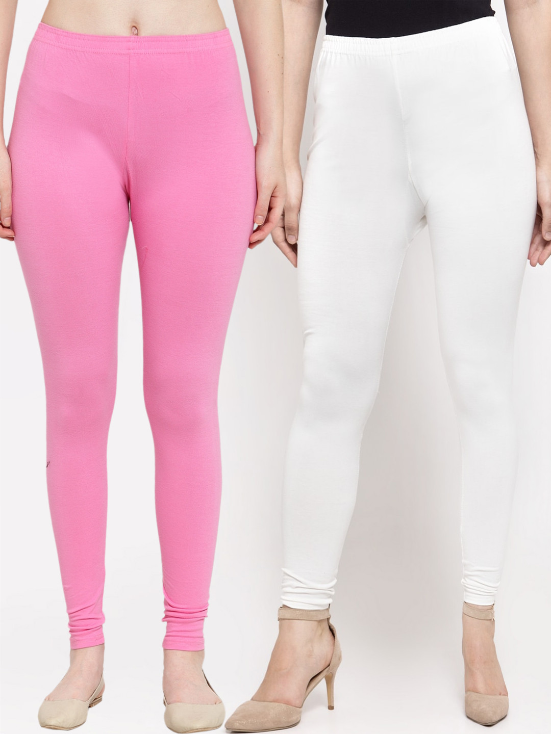 Jinfo Women Pack Of 2 Oink & White Solid Ankle-Length Leggings