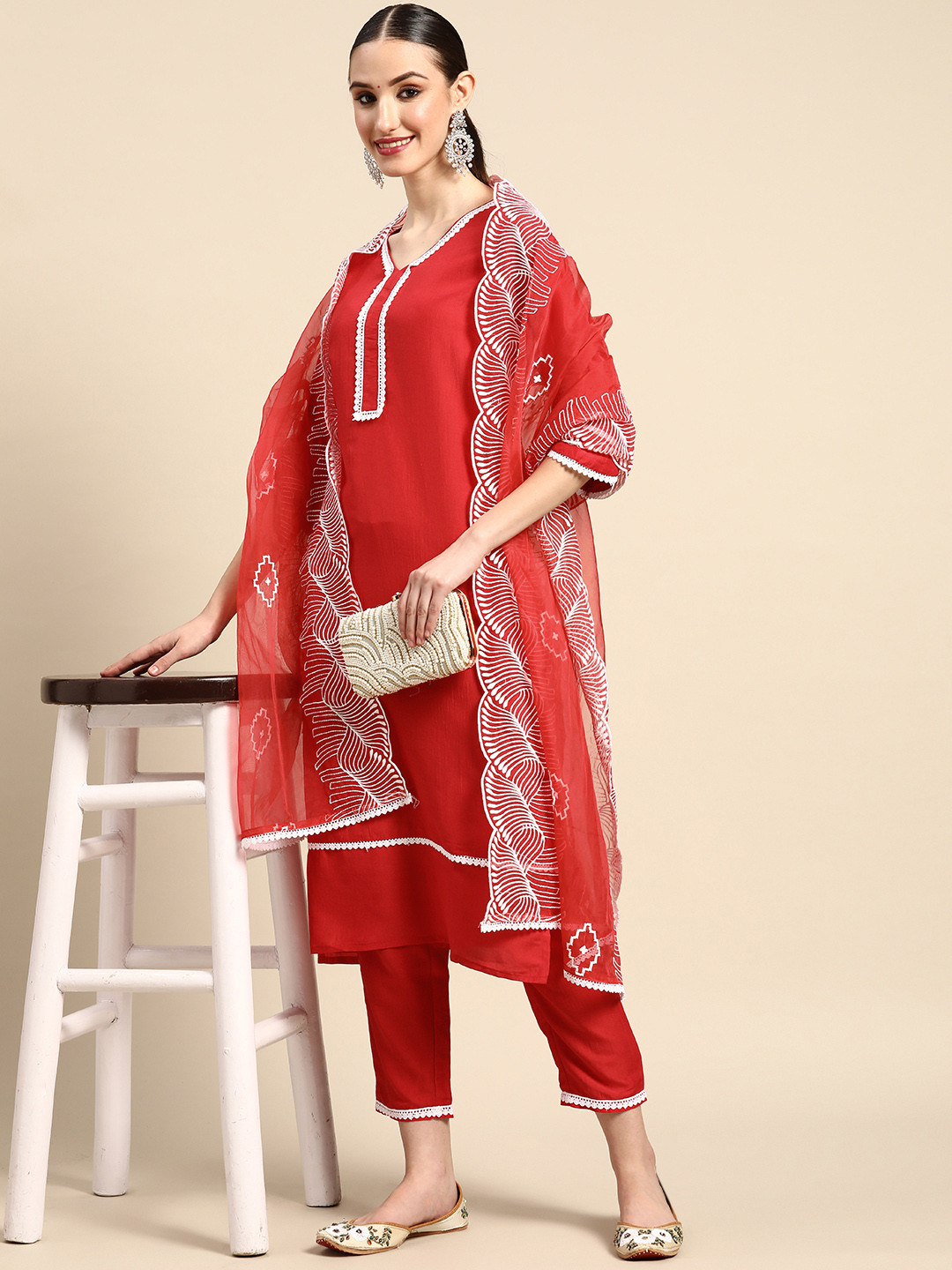 Sangria Women Red Kurta with Trousers & With Dupatta