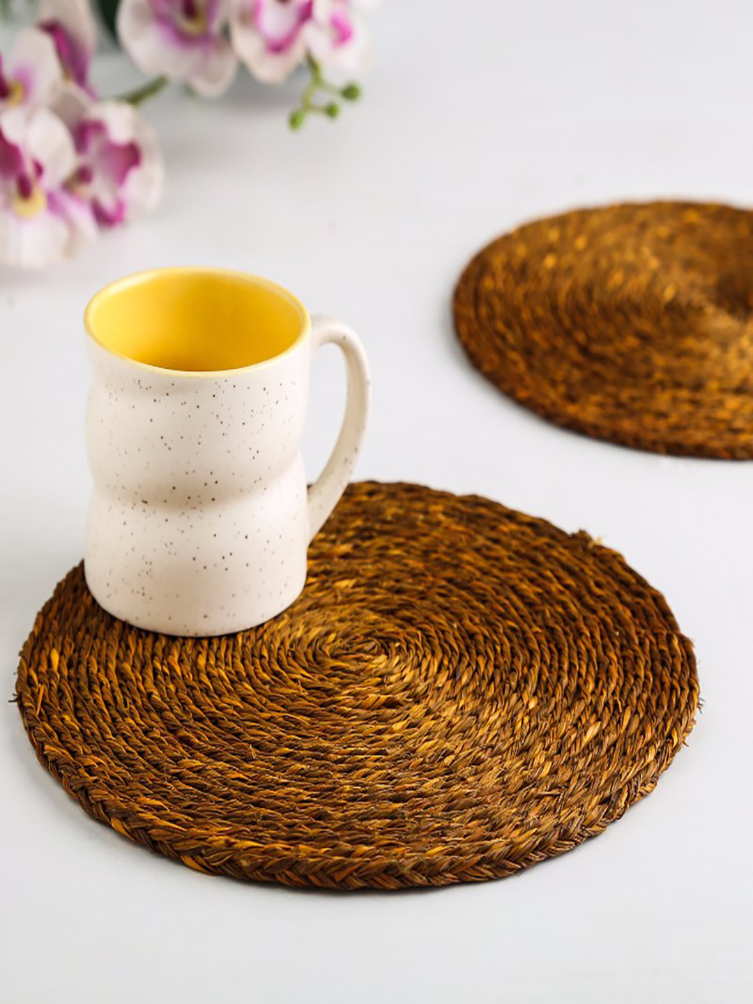 Unravel India Set of 2 Yellow Sabai Grass Dish Coasters