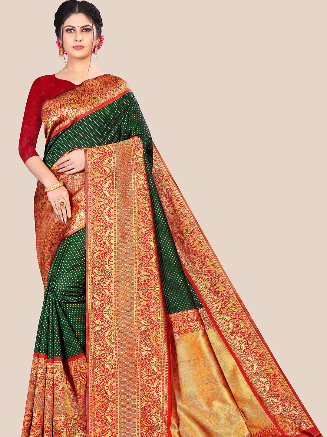 Anjaneya Sarees Green & Red Woven Design Zari Silk Blend Saree