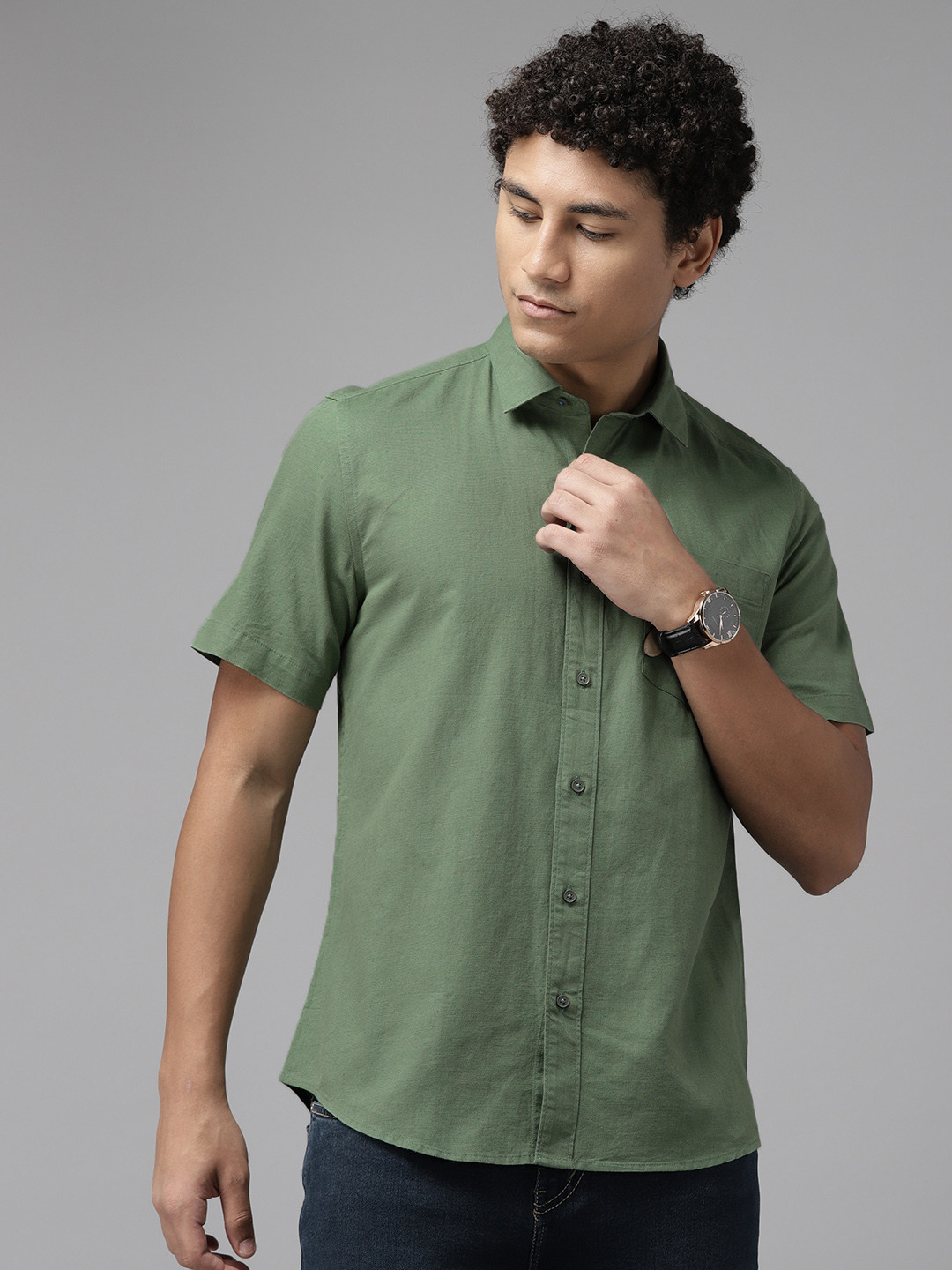 Blackberrys Men Olive Green Cotton Linen Slim Fit Casual Shirt