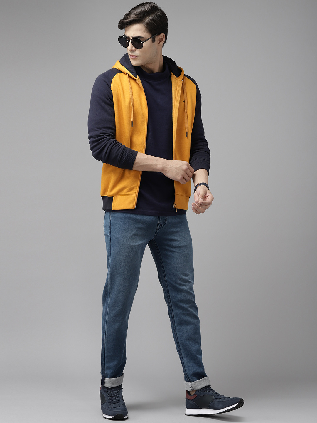 Blackberrys Men Mustard Yellow Solid Slim Fit Raglan Sleeves Hooded Sweatshirt