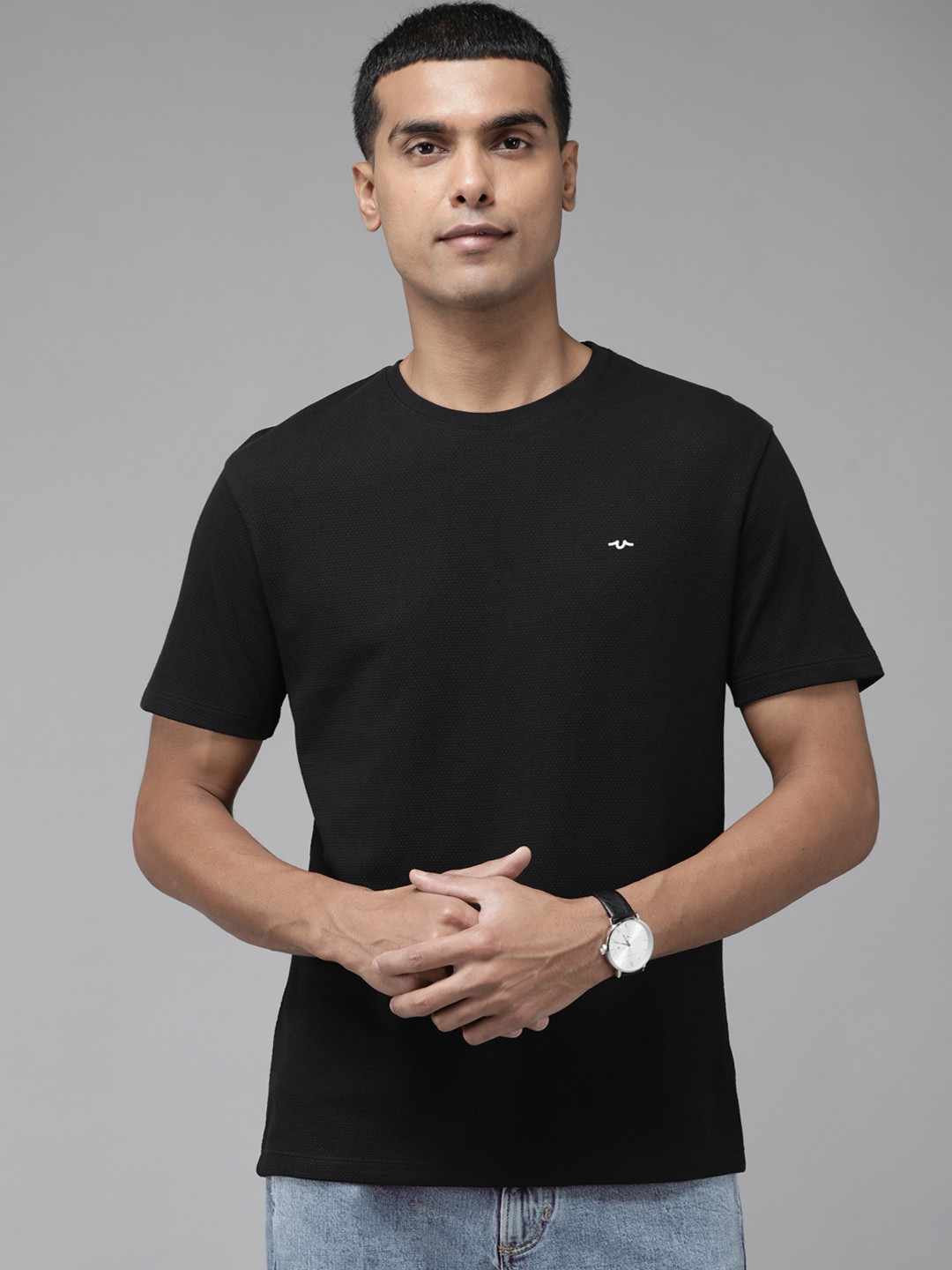 Blackberrys Men Black Pure Cotton Textured Slim Fit T-shirt