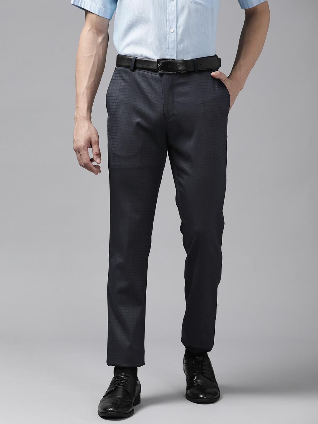 Blackberrys Men Navy Blue Self-Checked Lean Fit Low-Rise Trousers