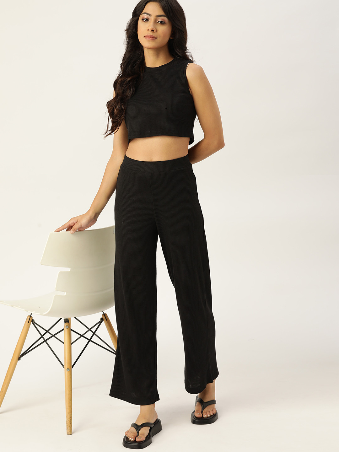 ETC Women Black Rib Knit Cotton Crop Top Pant Set