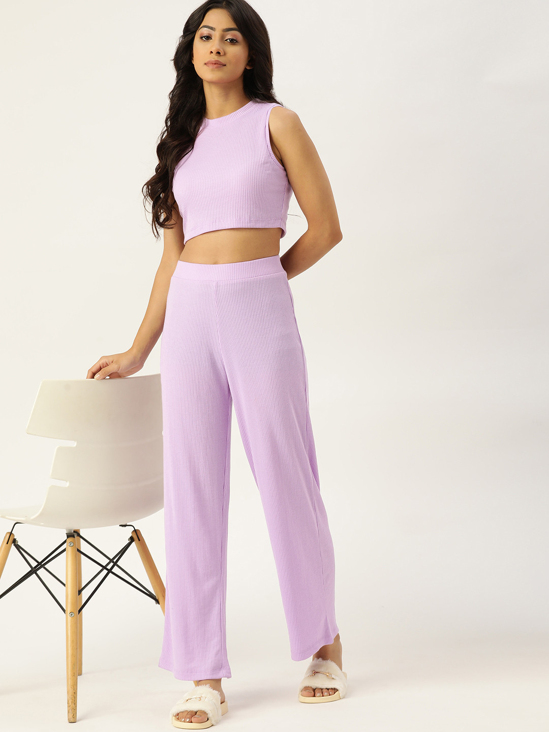 ETC Women Lavender Rib Knit Cotton Crop Top Pant Set