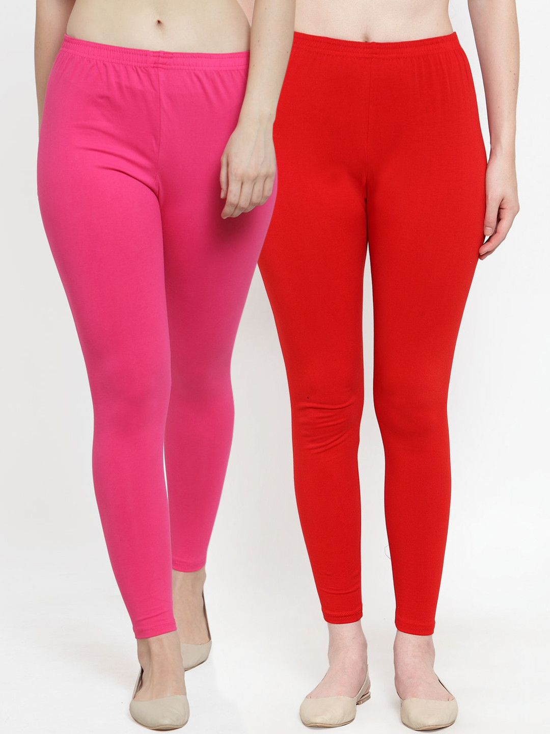 GRACIT Women Pack of 2 Solid Red & Pink Leggings