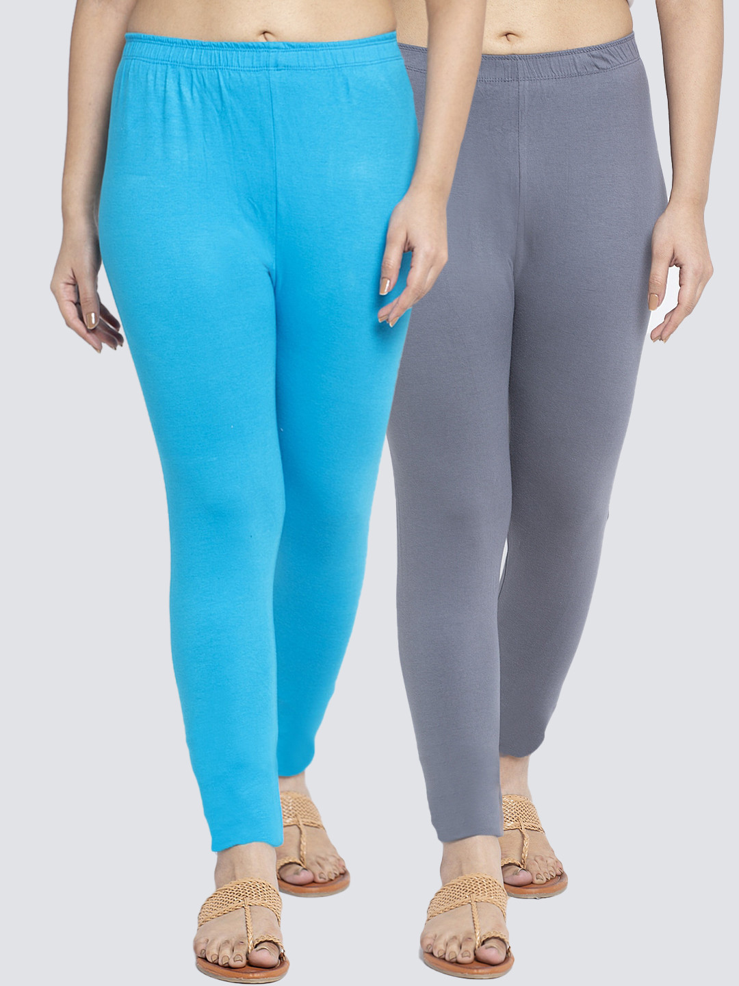 GRACIT Women Pack Of 2 Solid Grey & Blue Ankle-Length Leggings