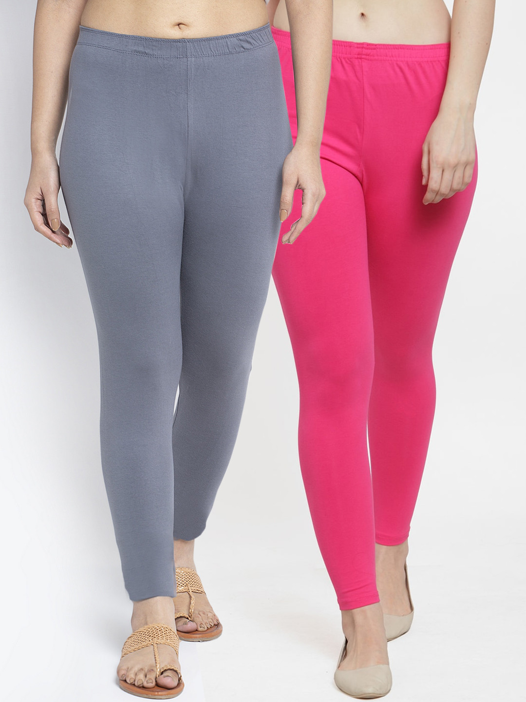 GRACIT  Women Pack Of 2 Grey & Pink Solid Ankle-Length Leggings