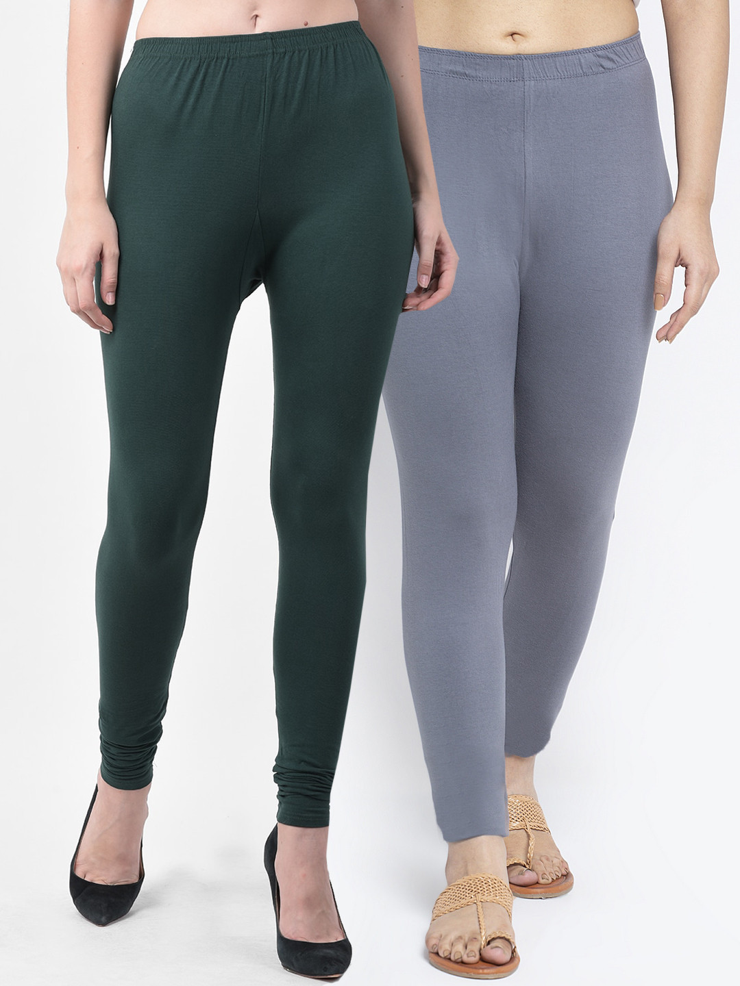 GRACIT Women Pack Of 2 Grey & Botle Green Solid Ankle-Length Leggings