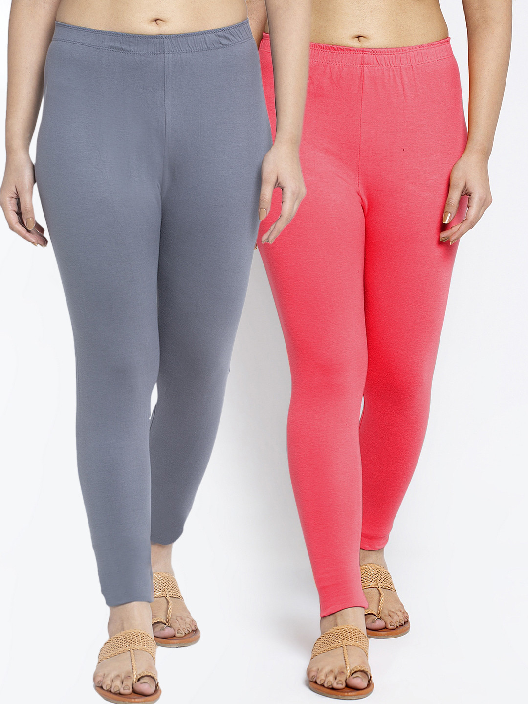 GRACIT  Women Pack Of 2 Grey & Pink Solid Ankle-Length Leggings