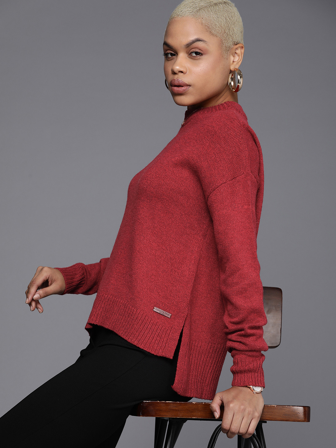 Kenneth Cole Flair Women Maroon Open Knit Pullover Sweater