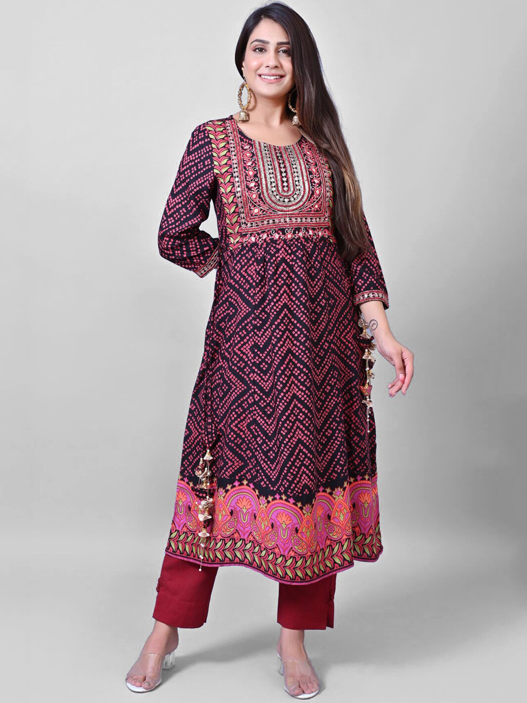 PRAKRTEE Women Black Bandhani Printed Patchwork Anarkali Kurta