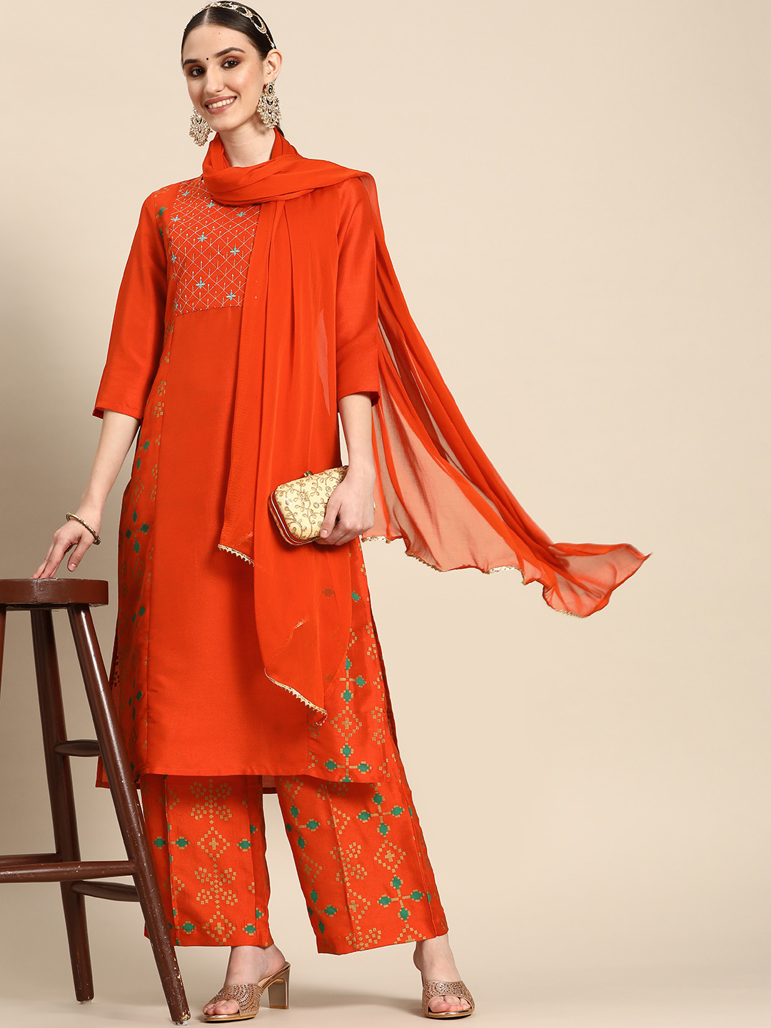 Sangria Women Rust Orange & Golden Printed Zari Embroidered Kurta with Palazzos & Dupatta