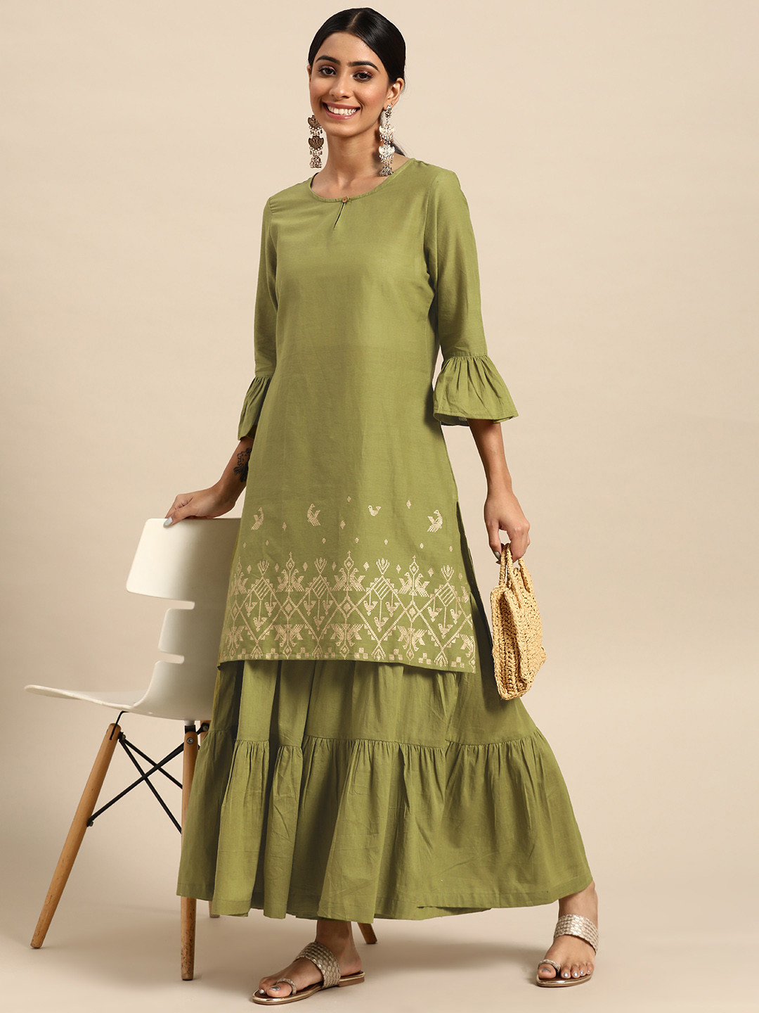 Sangria Women Olive Green & Golden Ethnic Motifs Printed Pure Cotton Kurta with Sharara