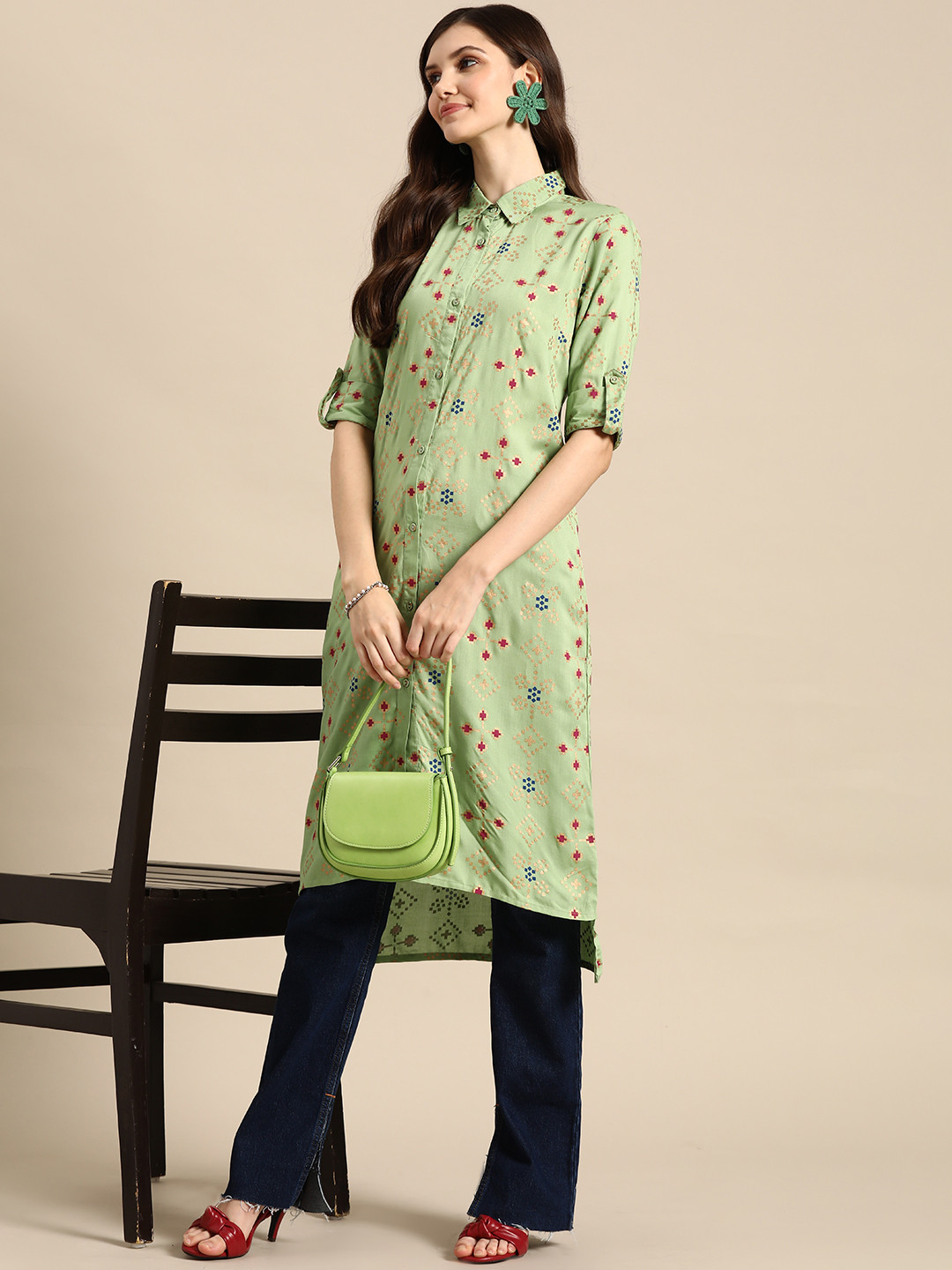 Sangria Women Green & Golden Geometric Printed Pathani Kurta