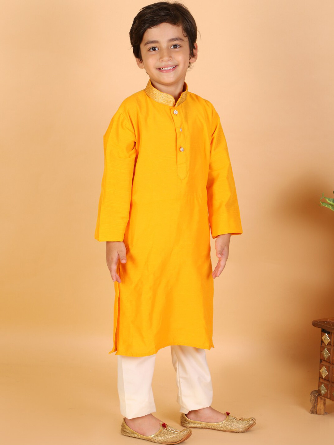 KID1 Boys Yellow High Slit  Kurta Pajama Set