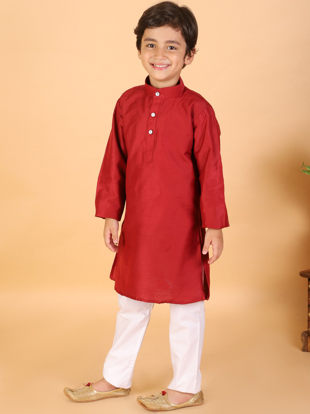 KID1 Boys Maroon Yoke Design Pleated Kurta Pajama Set