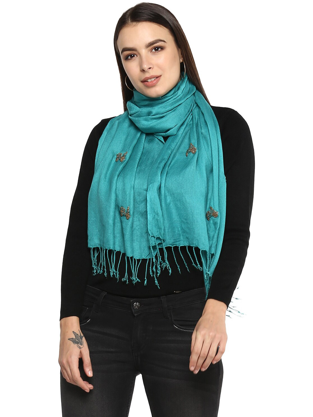 Rhe-Ana Women Blue & Gold-Toned Printed Stole