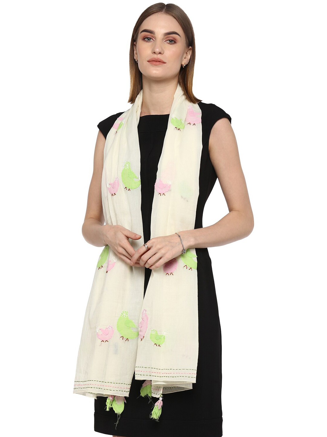 Rhe-Ana Women's Off White & Pink Printed Stole