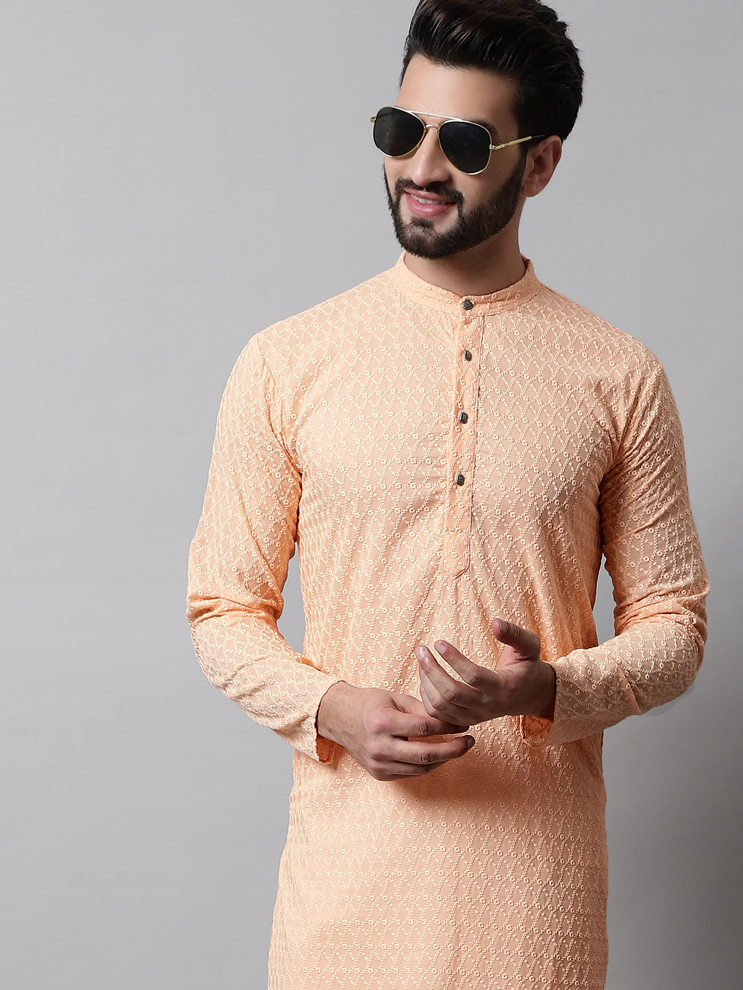 Jompers Men Orange Embroidered Chikankari Kurta with Pyjamas