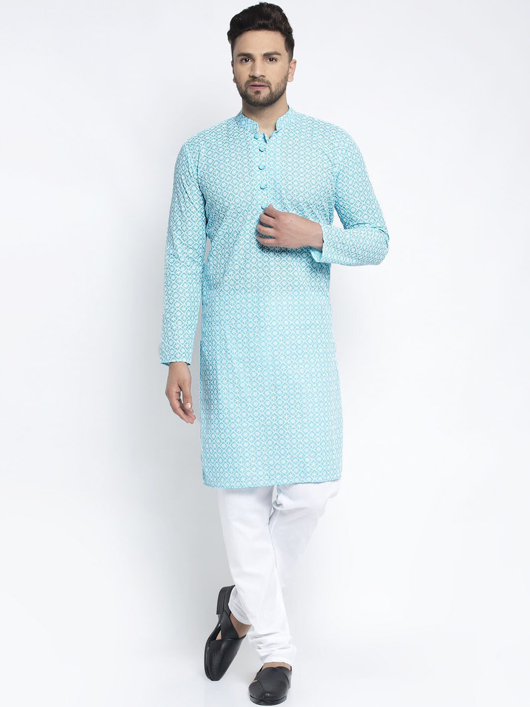 Jompers Men Sky Blue & White Printed Chikankari Pure Cotton Kurta with Churidar