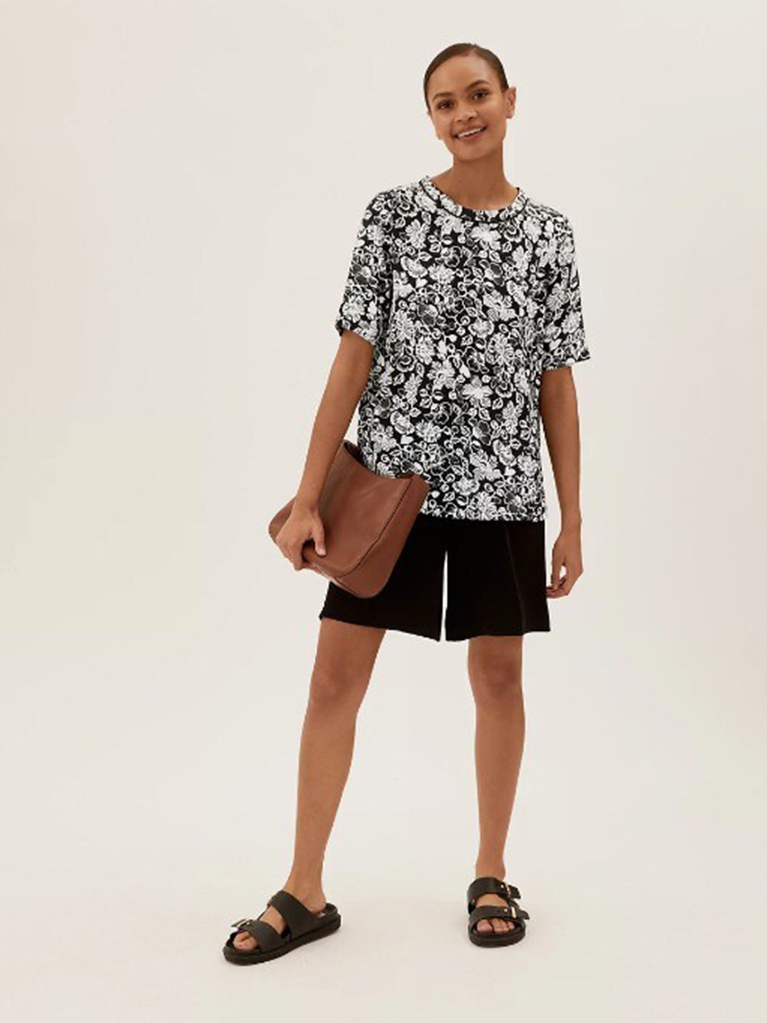 Marks & Spencer Women Black & White Floral Printed Polyester PU Coated T-shirt