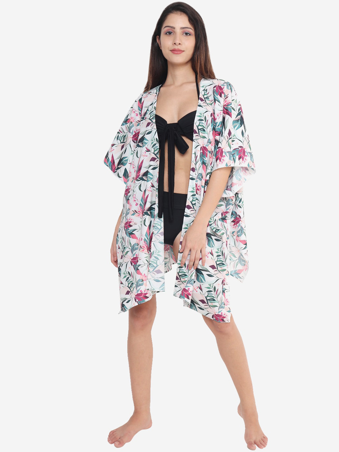 Beau Design Women White & Pink Printed Cover Up Swimwear Shrug