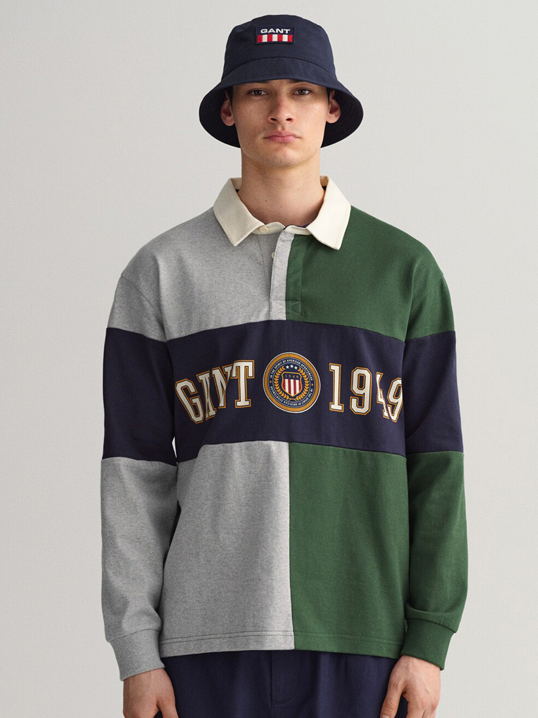 GANT Men Green & Grey Colourblocked Polo Collar Regular Fit T-shirt