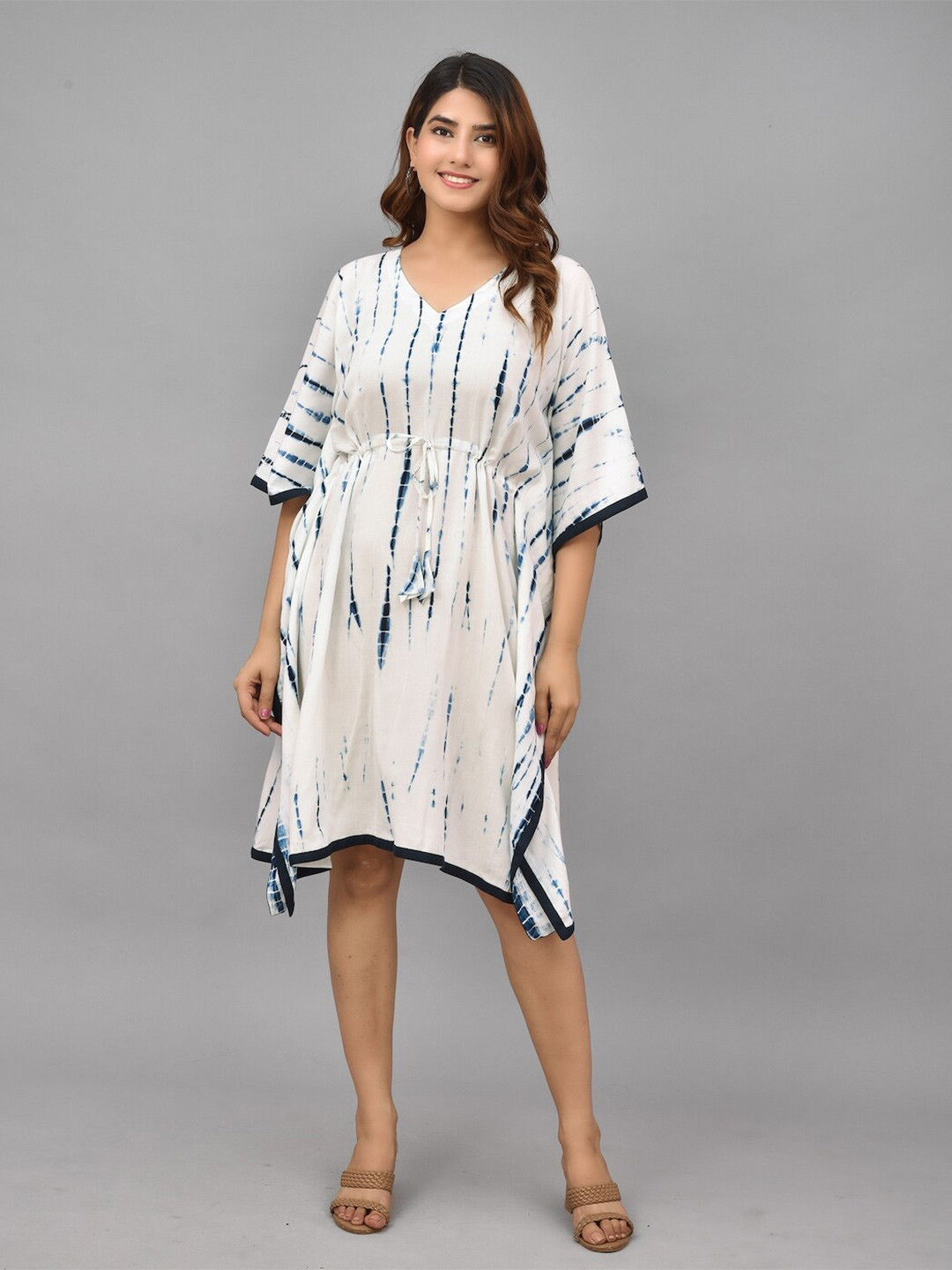CYU White & Blue Tie and Dye Dyed Kaftan Dress